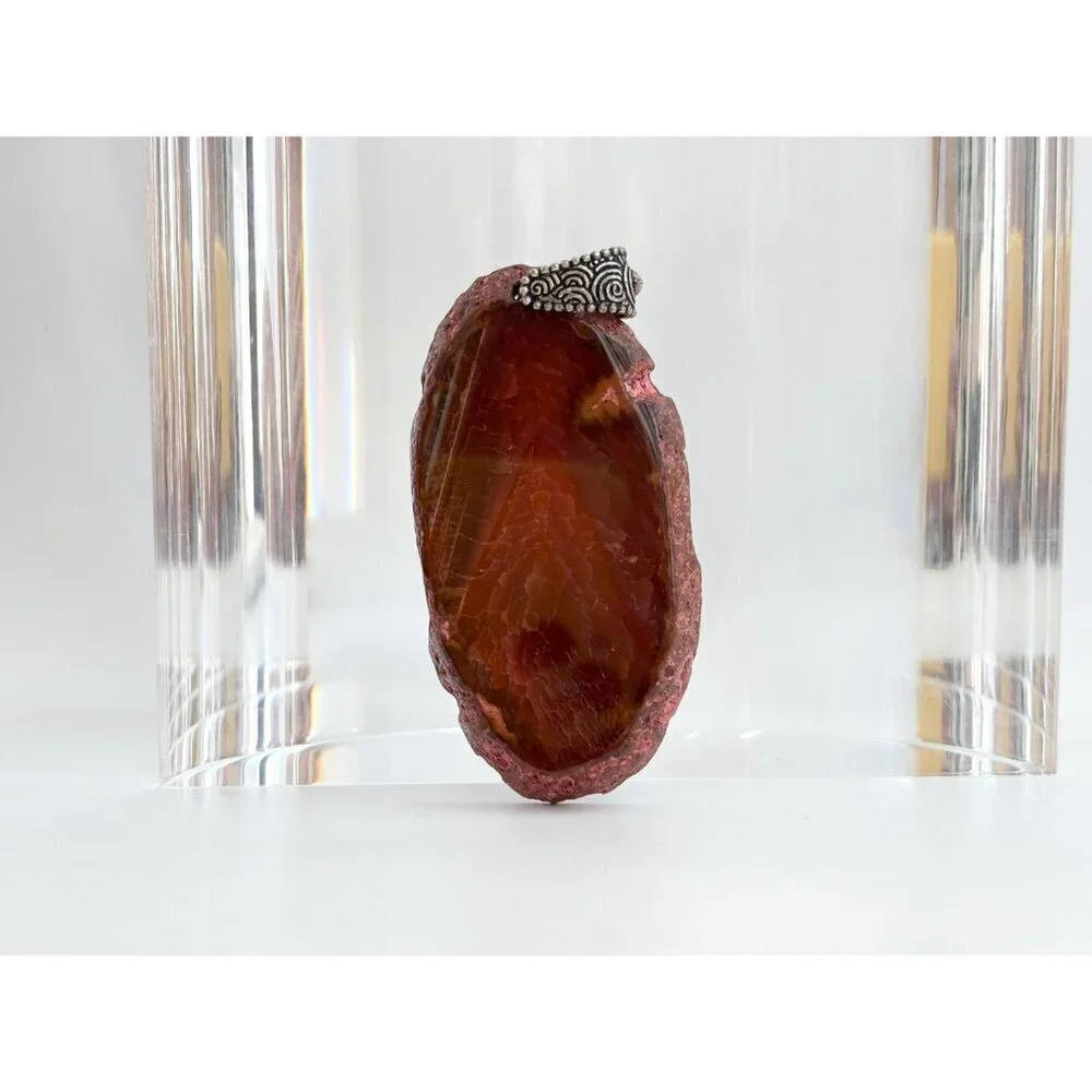 Red Sliced Agate Smooth Crystal Freeform Large Silver Toned Vintage Pendant